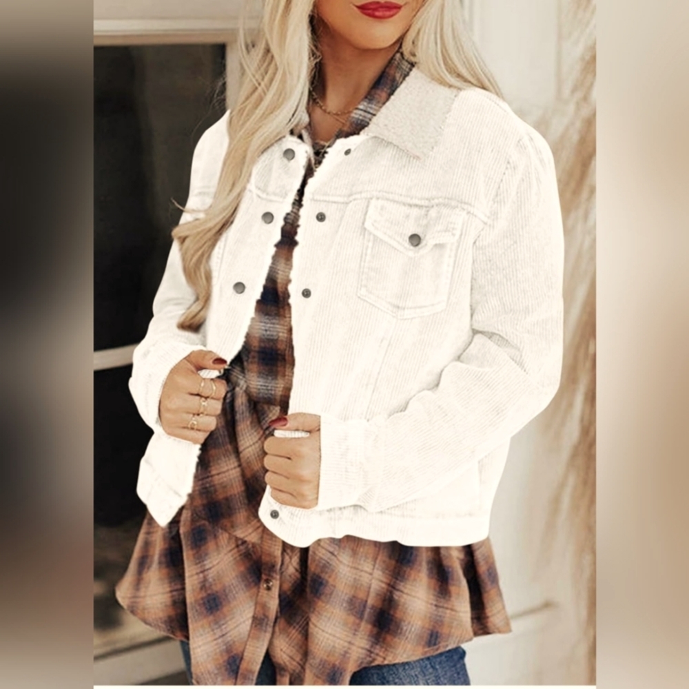 Shewin Womens Casual Sherpa Corduroy Jacket